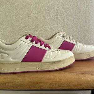Jimmy Choo White and Hot Pink Leather Low-Top Sneakers